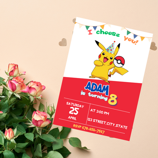 Pikachu Red Birthday Invitation | Pokémon Party Invite | Editable Canva Template | Printable Kids Birthday Invitation