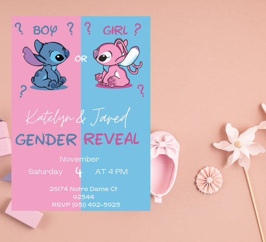 Stitch and Angel Gender Reveal Invitation | Pink & Blue Baby Reveal | Editable Canva Template | Cute Printable Baby Shower Invite