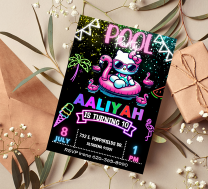 Hello Kitty Pool Neon Birthday Invitation | Editable Glow Pool Party Invite for Girls | Cute & Customizable Summer Birthday Template