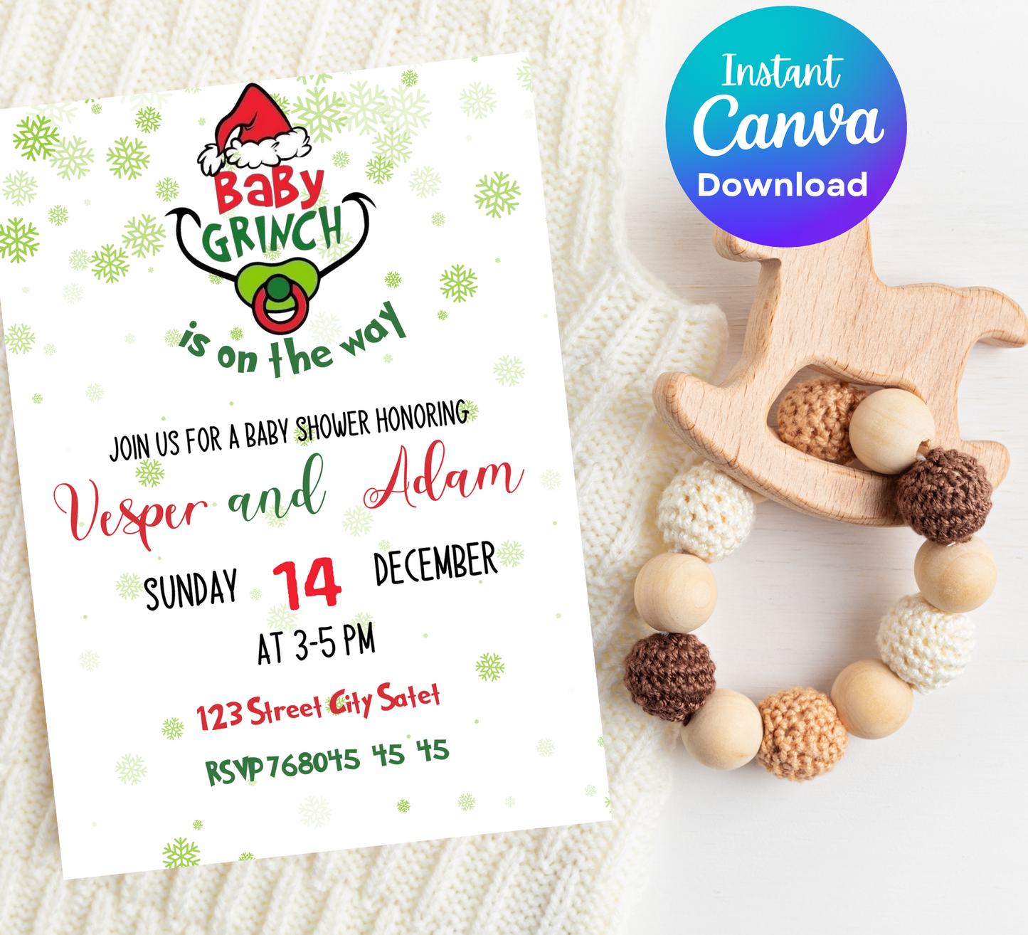 Grinch Christmas Winter Baby Shower Invitation | Editable Canva Template | Holiday Themed Baby Shower Invite | Printable Baby Shower Invitation