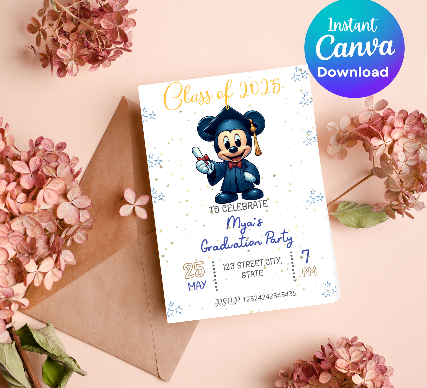 Mickey Mouse Blue Graduation Invitation | School & Kindergarten Template Editable Canva Template | Pink Minnie Party Printable