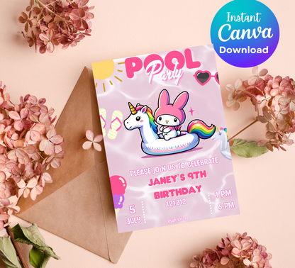 My Melody Unicorn Pool Birthday Invitation | Kawaii Pink Summer Party Invite | Editable Canva Template | Cute Sanrio Pool Birthday Printable