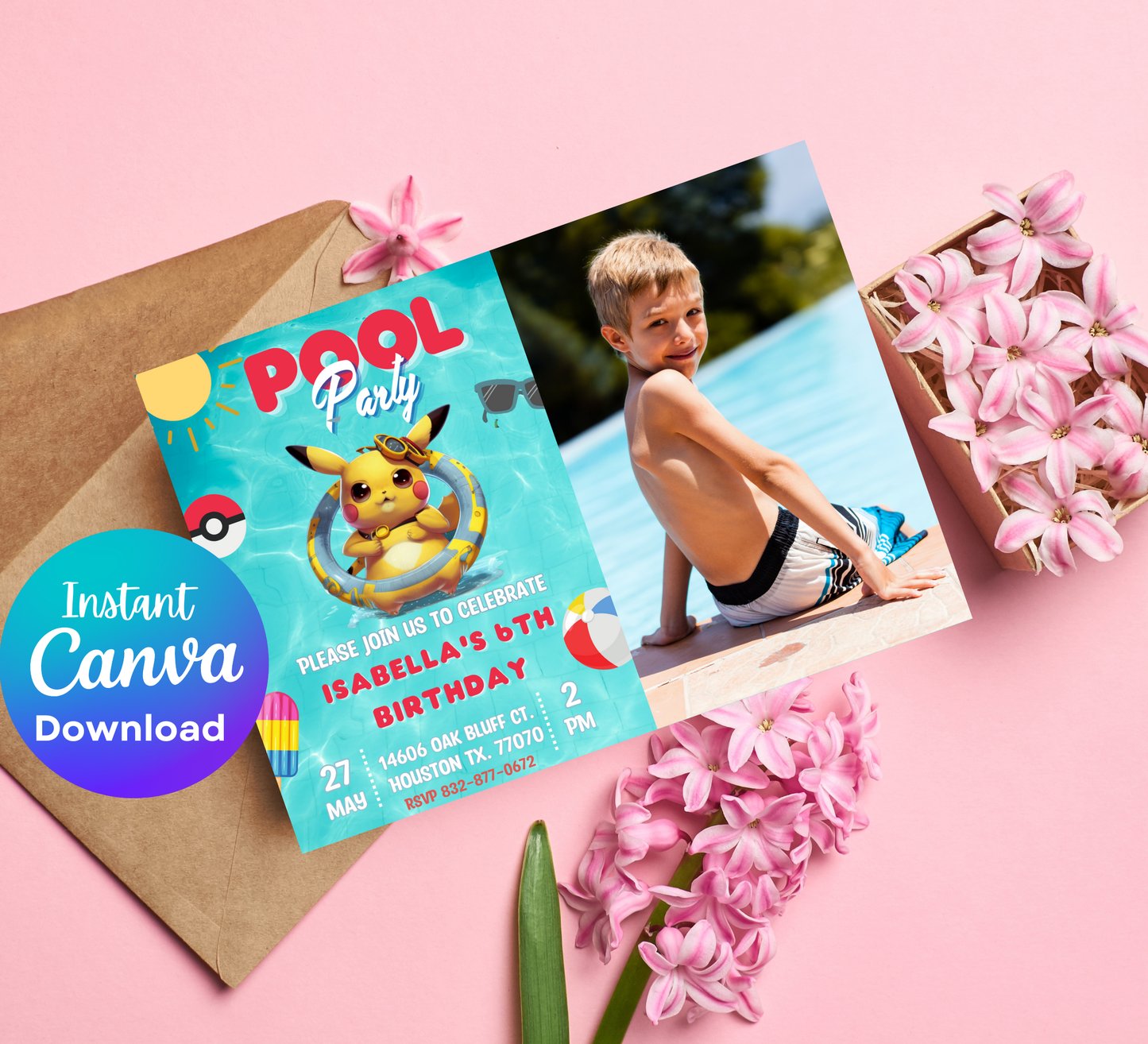 Pikachu Winter Birthday Invite | Pokémon Christmas Photo Canva Template ⚡️❄️📸