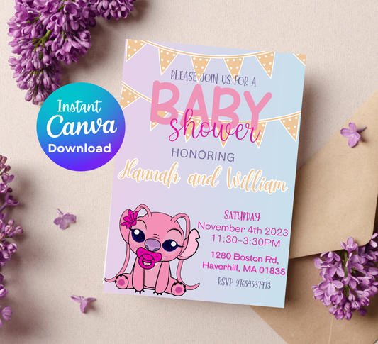 Angel Stitch Baby Shower Pink Invitation | Cute Aloha Girl Baby Shower | Editable Template