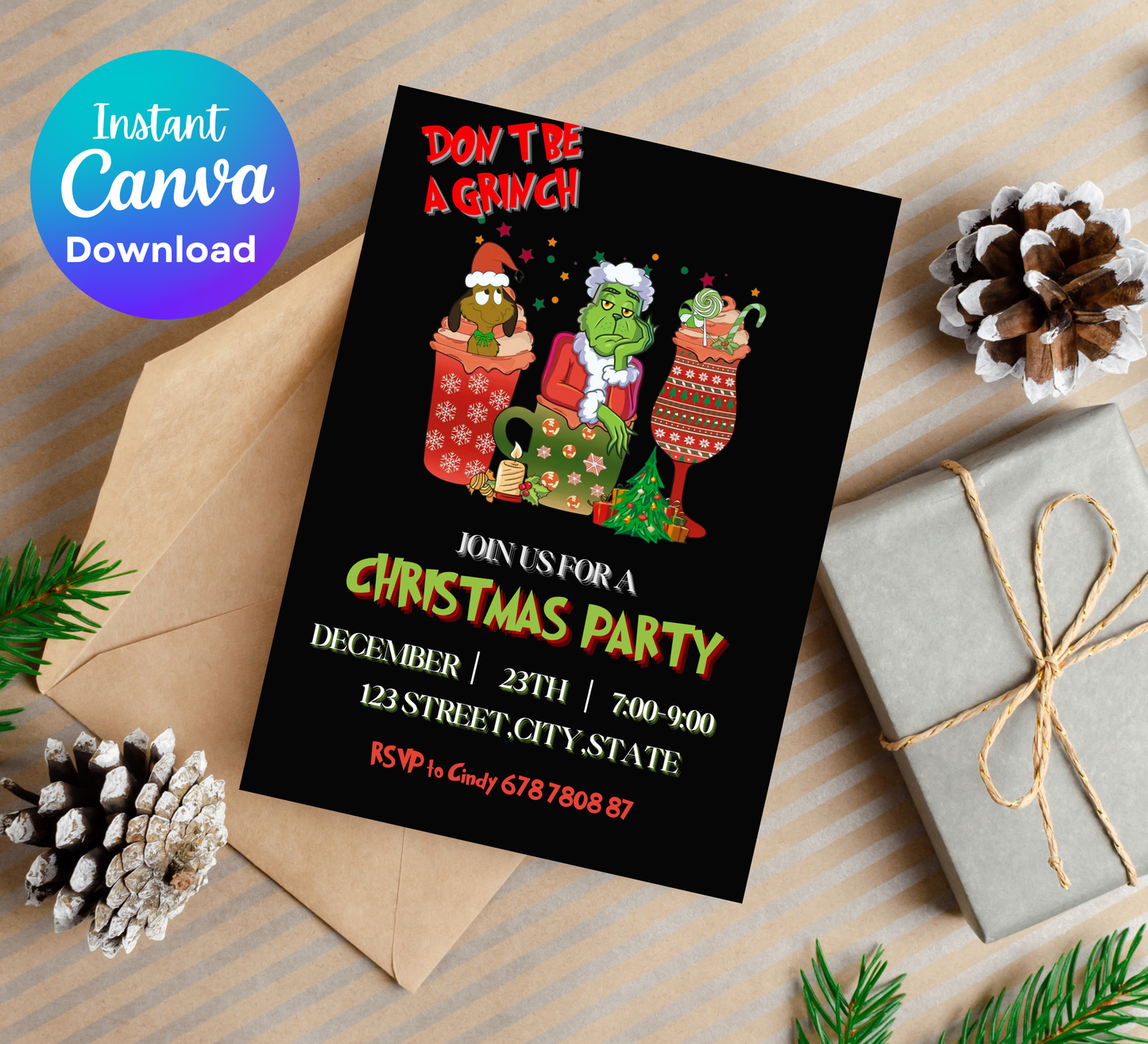 Grinch Christmas Winter Party Invitation | Grinchmas Holiday Invite | Editable Template