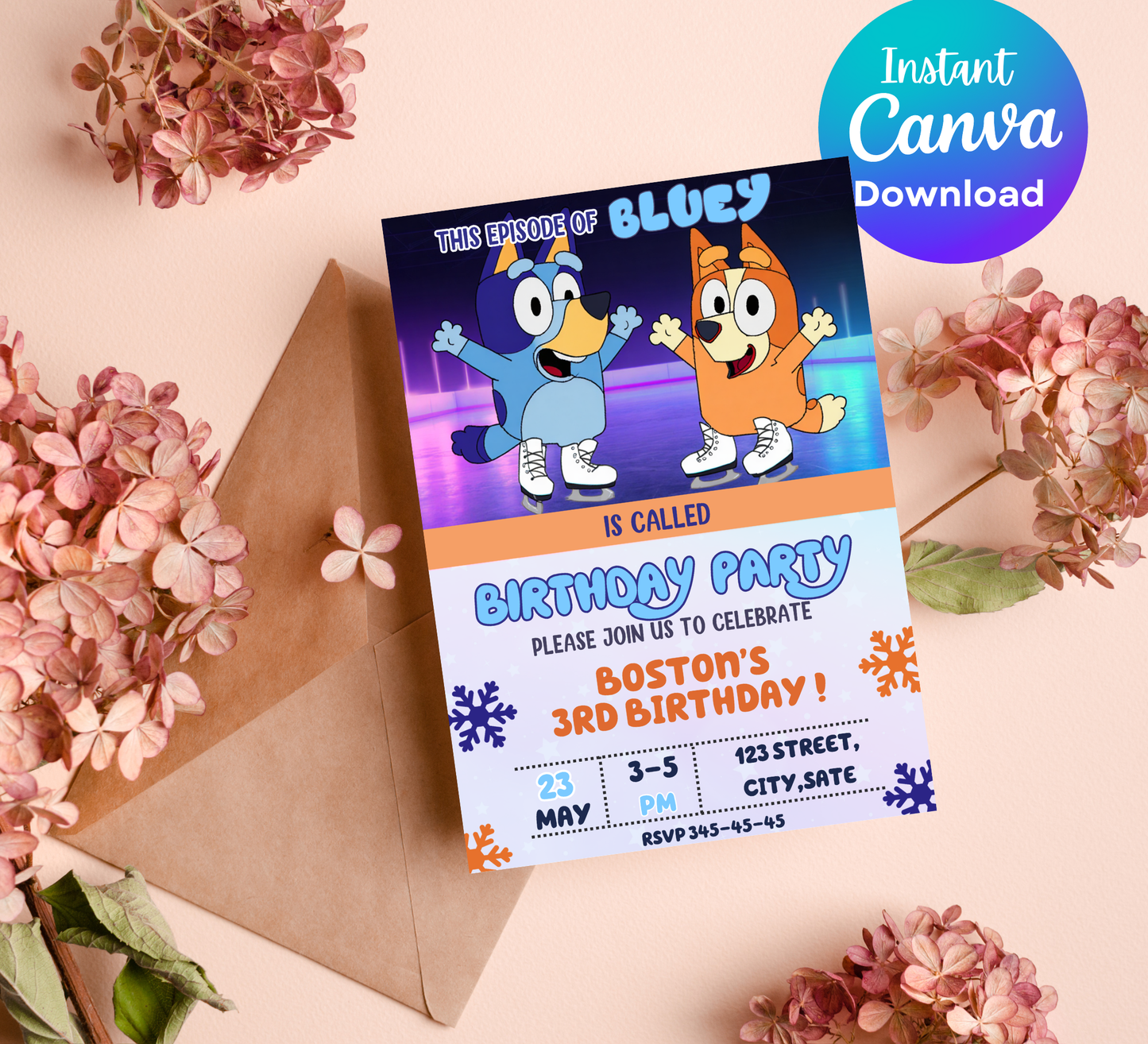 Bluey Ice Skating Winter Birthday Invitation | Editable Canva Template | Frozen Snow Birthday Party Invite | Printable Kids Winter Invitation
