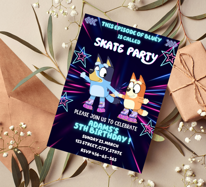 Bluey Neon Roller Skating Birthday Invitation | Editable Canva Template | Glow Party Skate Invite | Printable Kids Birthday Invitation