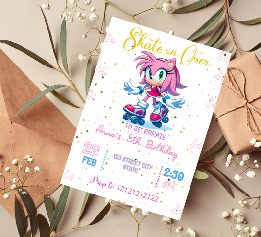 Amy Rose Roller Skating Birthday Invitation | Sonic Girl Skating Party Invite | Editable Canva Template | Pink Neon Skating Birthday Invitation