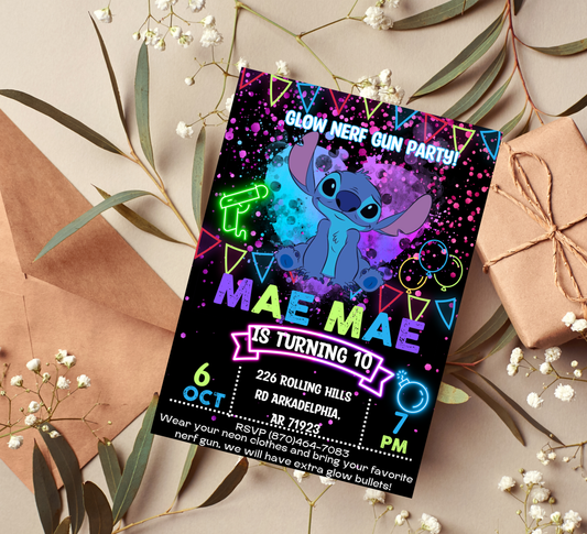 Stitch Neon Nerf Gun Birthday Invitation | Glow Party Battle Invite | Editable Template