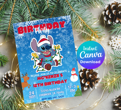 Stitch Christmas Birthday Winter Invitation | Holiday Party Invite | Editable Template