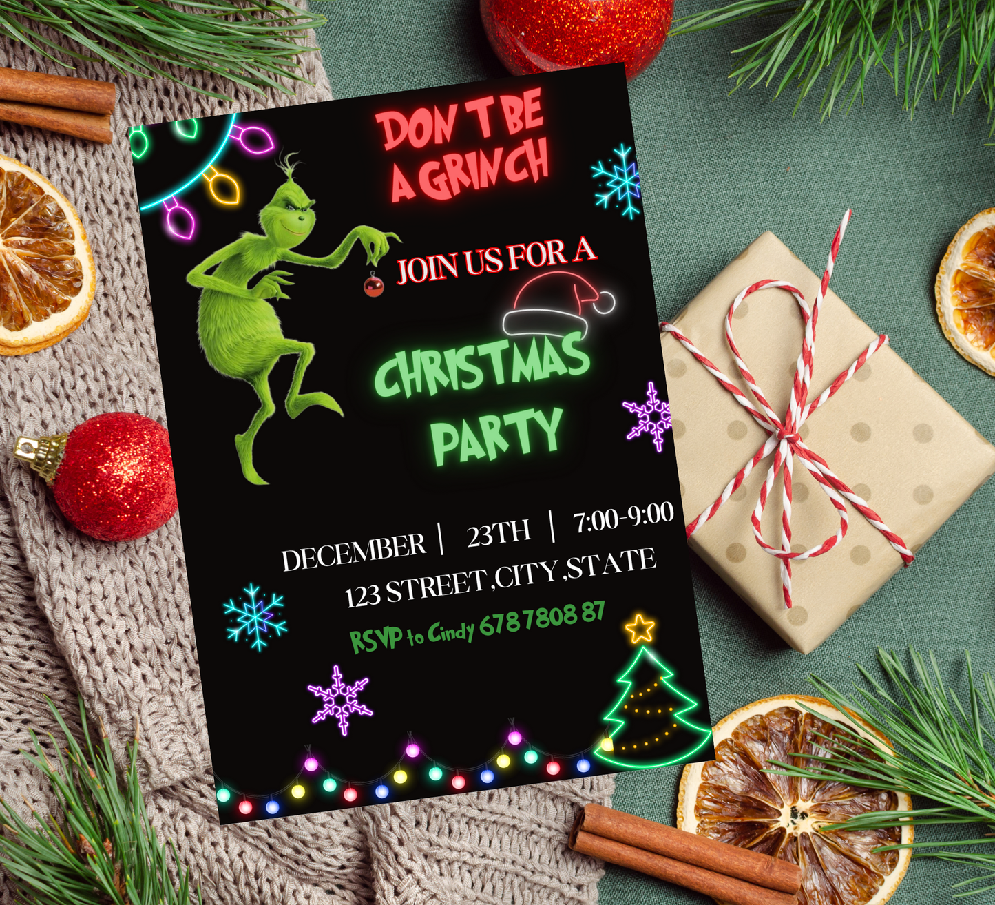 Grinch Neon Green Christmas Party Invitation | Bright Grinchmas Invite | Editable Template
