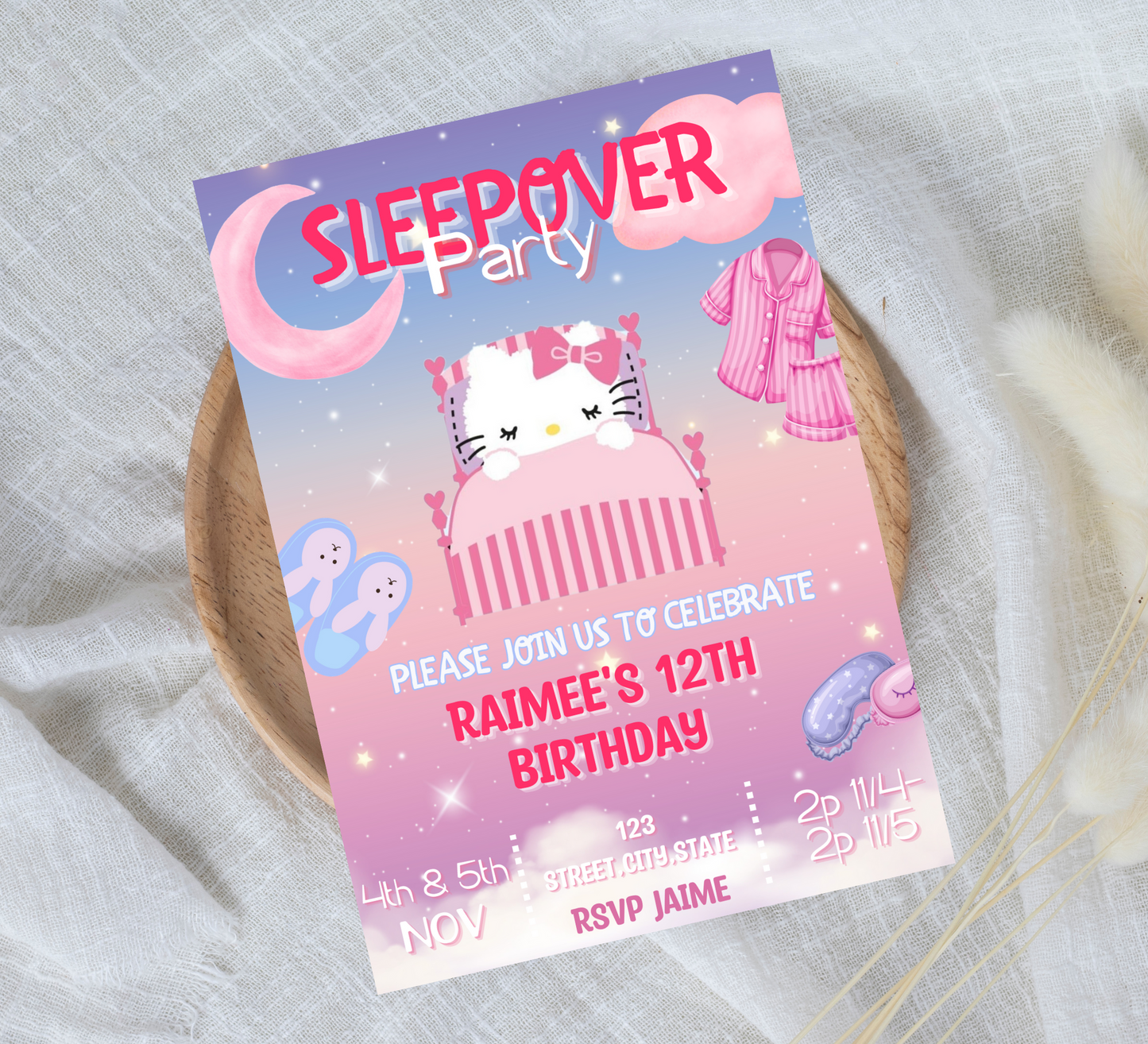 Hello Kitty Gradient Sleepover Birthday Invitation | Kawaii Slumber Party Invite | Editable Canva Template