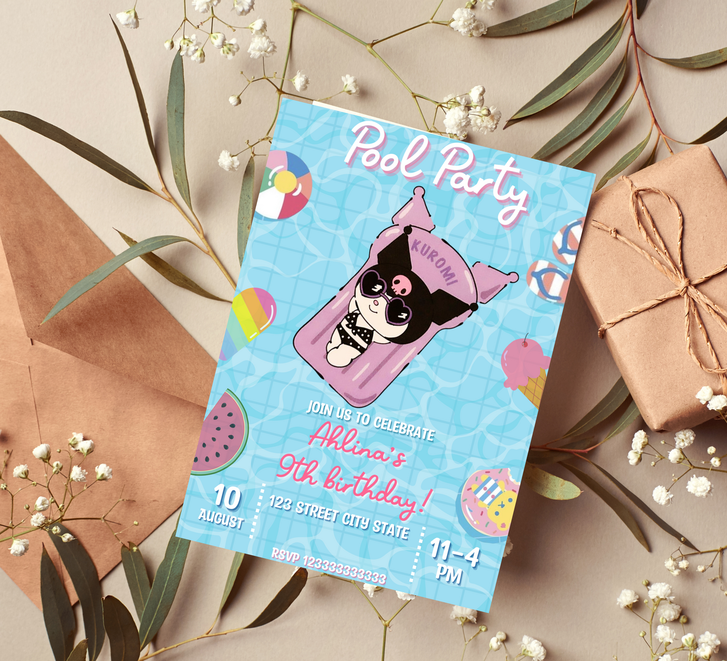 Kuromi Pool Birthday Invitation | Kawaii Sanrio Summer Party Invite | Editable Canva Template | Pink & Purple Pool Party Printable