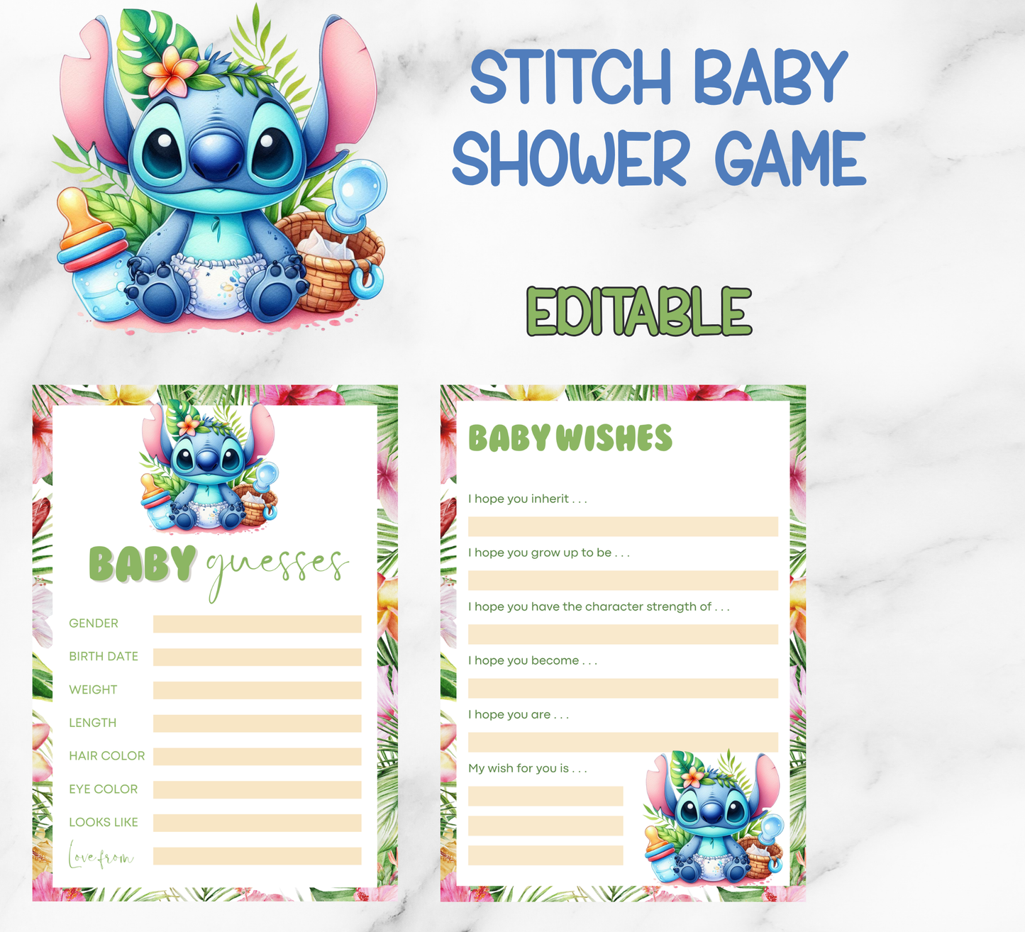 Stitch Baby Shower Tropical Ohana Games Bundle | Printable Hawaii Party Games| Editable Canva Template | Ohana Means Family Baby Shower Activities | Tropical Puppy & Angel Game Set