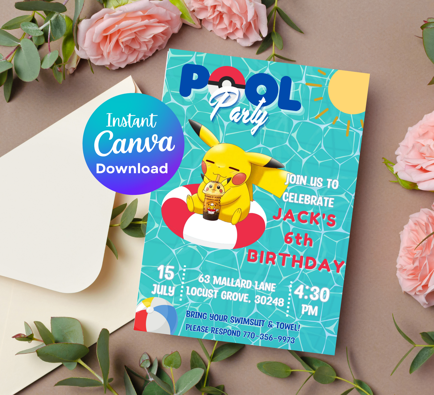 Pikachu Pool Pokémon Birthday Invitation | Summer Swim Party | Editable Canva Template