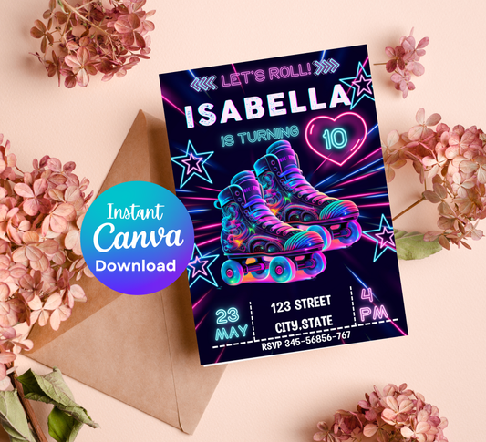 Neon Roller Skating Birthday Invitation 🛼✨ | Glow Skate Party Invite | Editable Canva Template