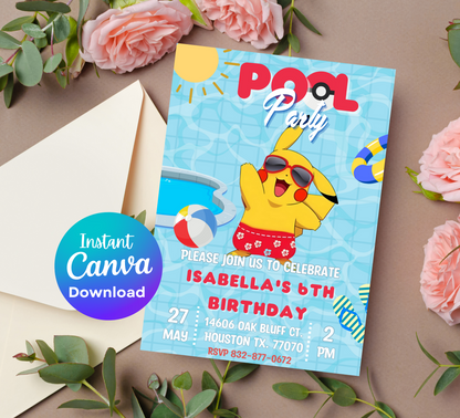 Pikachu Pokémon Red Pool Birthday Invitation | Summer Swim Party Invite | Editable Canva Template | Pokémon Kids Birthday Printable
