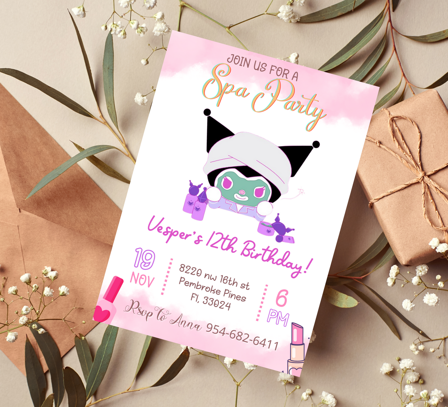 Kawaii Kuromi Sleepover Spa Birthday Invitation | Pink Slumber Party Invite | Editable Canva Template | Cute Anime Spa Party Invitation