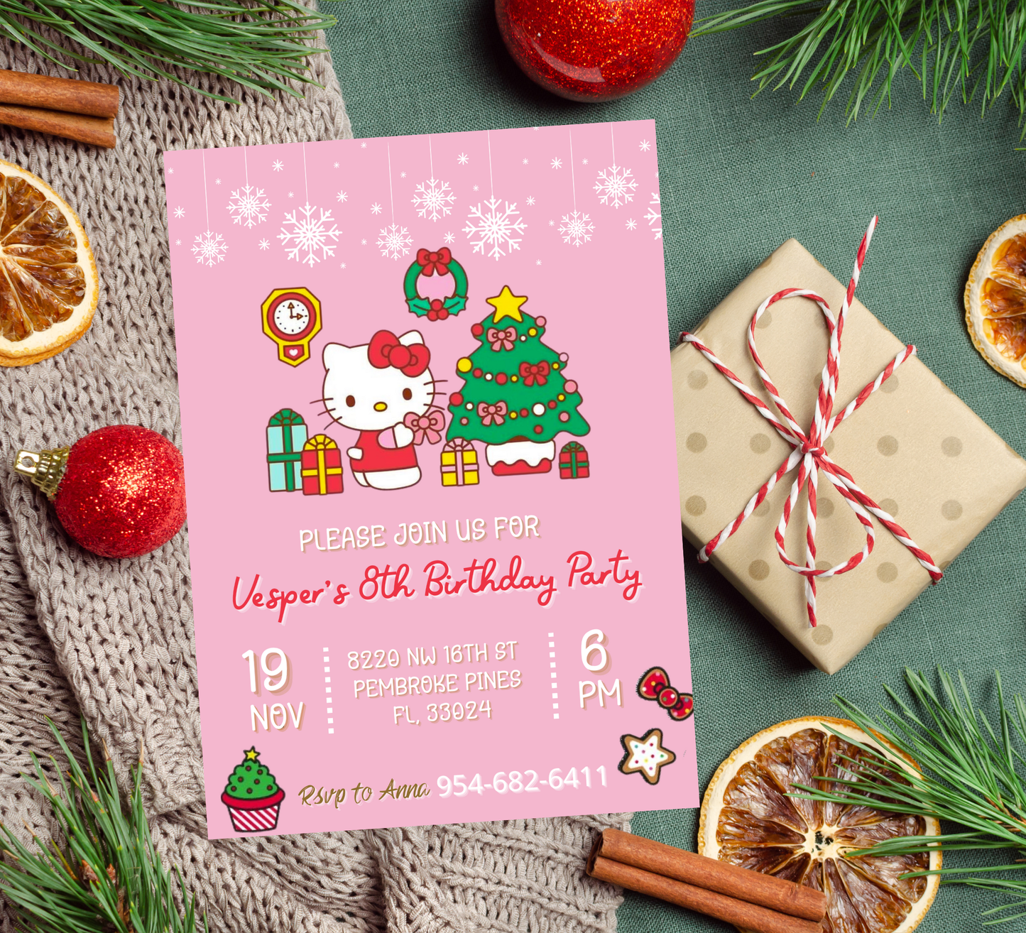 Hello Kitty & Friends Christmas Winter Birthday Invitation | Kawaii Holiday Party | Editable Template