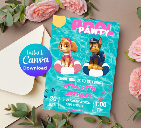 PAW Patrol Marshall & Skye Pool Birthday Invitation | Summer Splash Party | Editable Digital Template