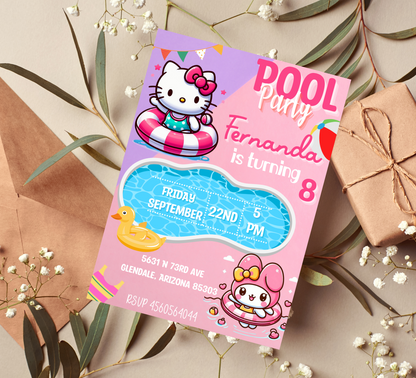 Hello Kitty & My Melody Kawaii Pool Party Birthday Invitation | Editable Canva Template | Cute Summer Swim Invite | Printable Girls Birthday Invitation