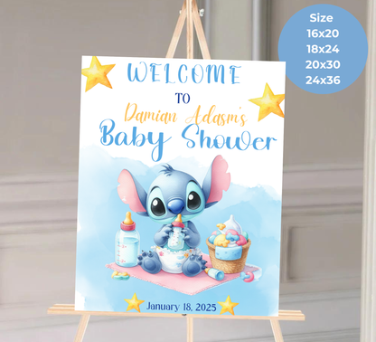 Stitch Watercolor Baby Shower Welcome Sign – Editable Canva Template – Add Your Photo! – Blue Tropical Ohana Baby Shower Decor – Soft Pastel Coastal Welcome Poster