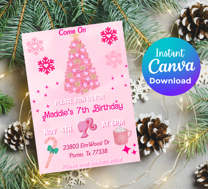 Barbie Pink Christmas Winter Birthday Invitation | Holiday Party | Editable Template