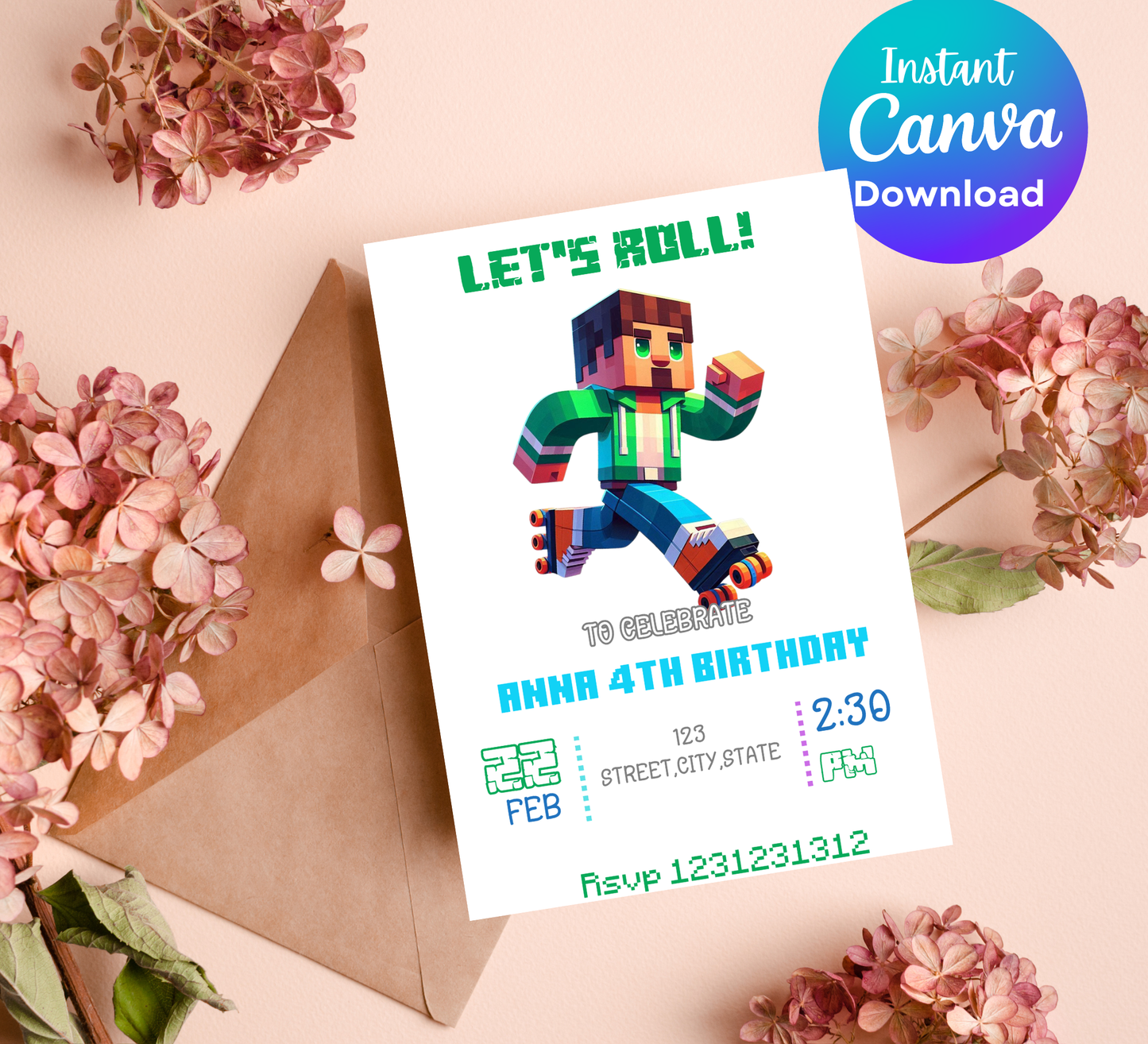 Minecraft Roller Skating Birthday Invitation | Kids Glow Skate Invite | Editable Canva Template