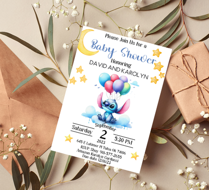 Stitch With Balloons Baby Shower Watercolor Invitation | Cute Baby Shower | Editable Canva Template