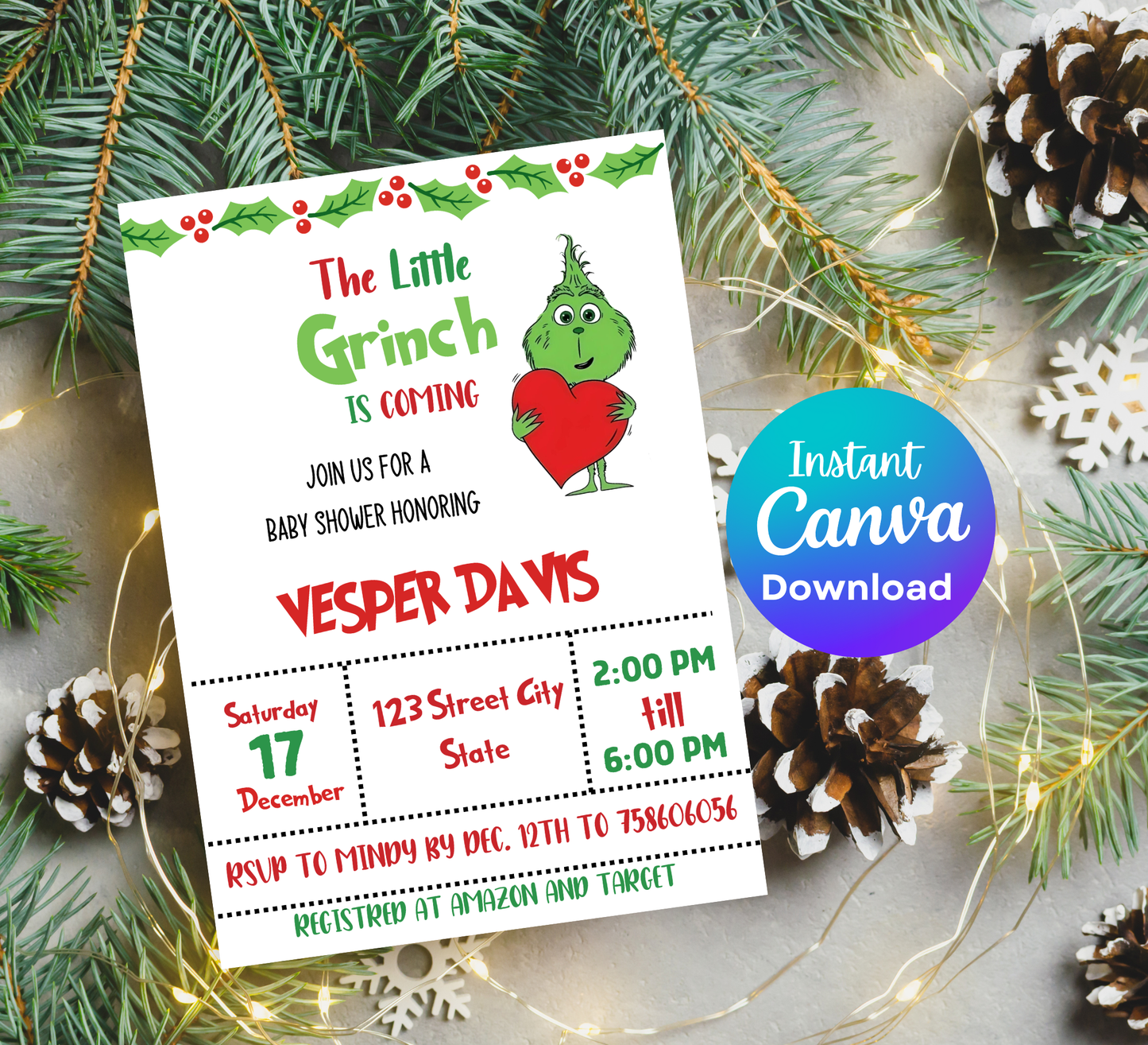 Grinch Baby Shower Winter Christmas Invitation | Holiday Baby Celebration | Editable Template