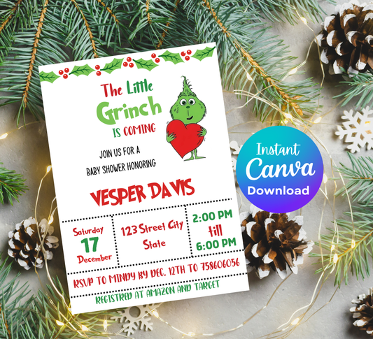 Grinch Baby Shower Winter Christmas Invitation | Holiday Baby Celebration | Editable Template
