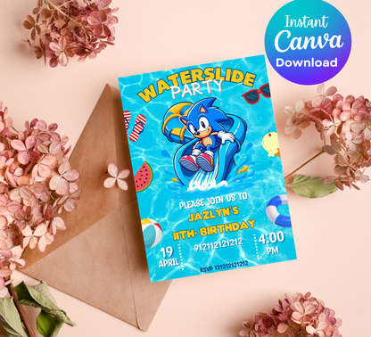 Sonic Waterslide Birthday Invitation | Pool Party Invite | Editable Canva Template | Gotta Splash Fast Summer Birthday | Sonic Speed Splash Printable