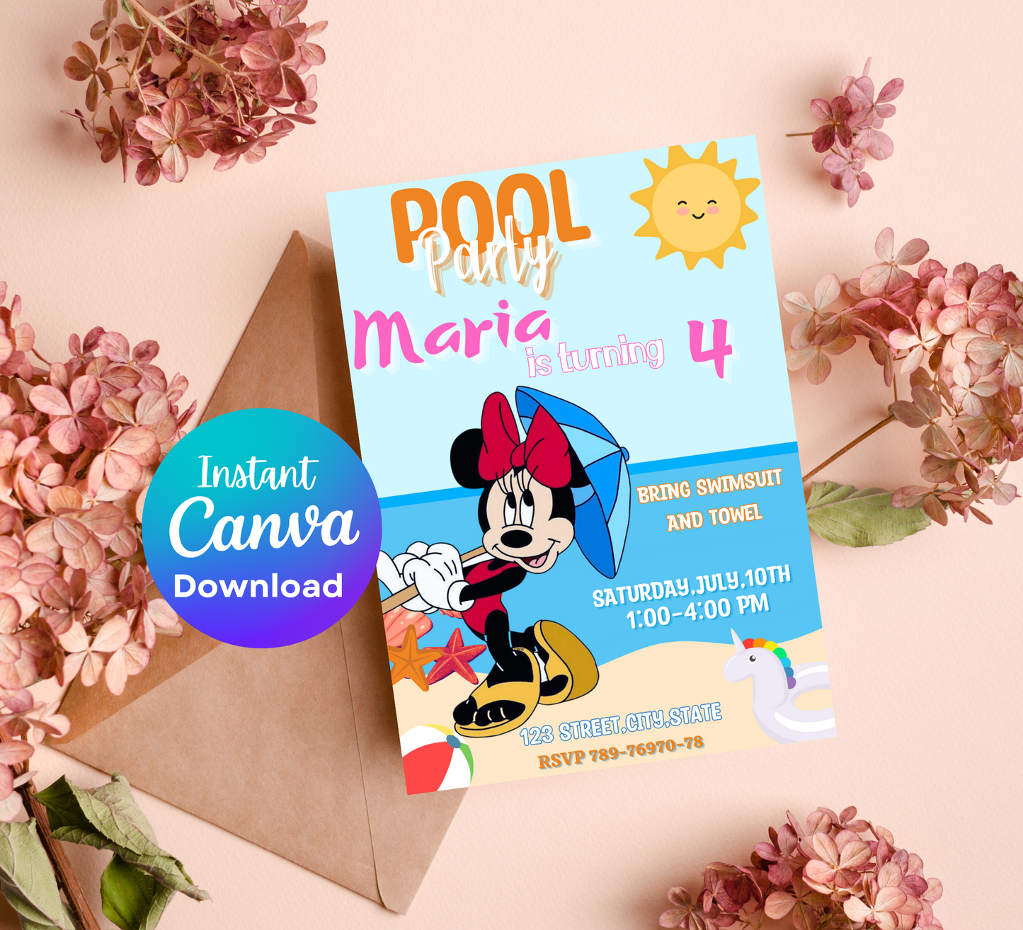 Minnie Mouse Pool Birthday Party Invitation | Pink Summer Swim Party | Editable Canva Template