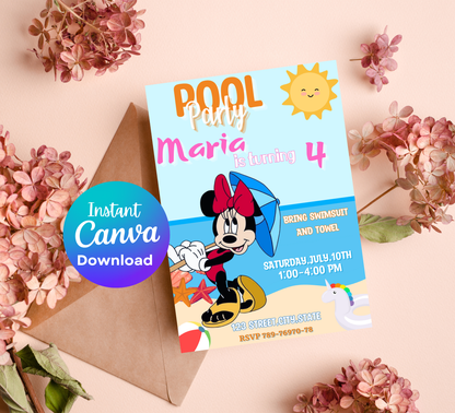 Minnie Mouse Pool Birthday Party Invitation | Pink Summer Swim Party | Editable Canva Template