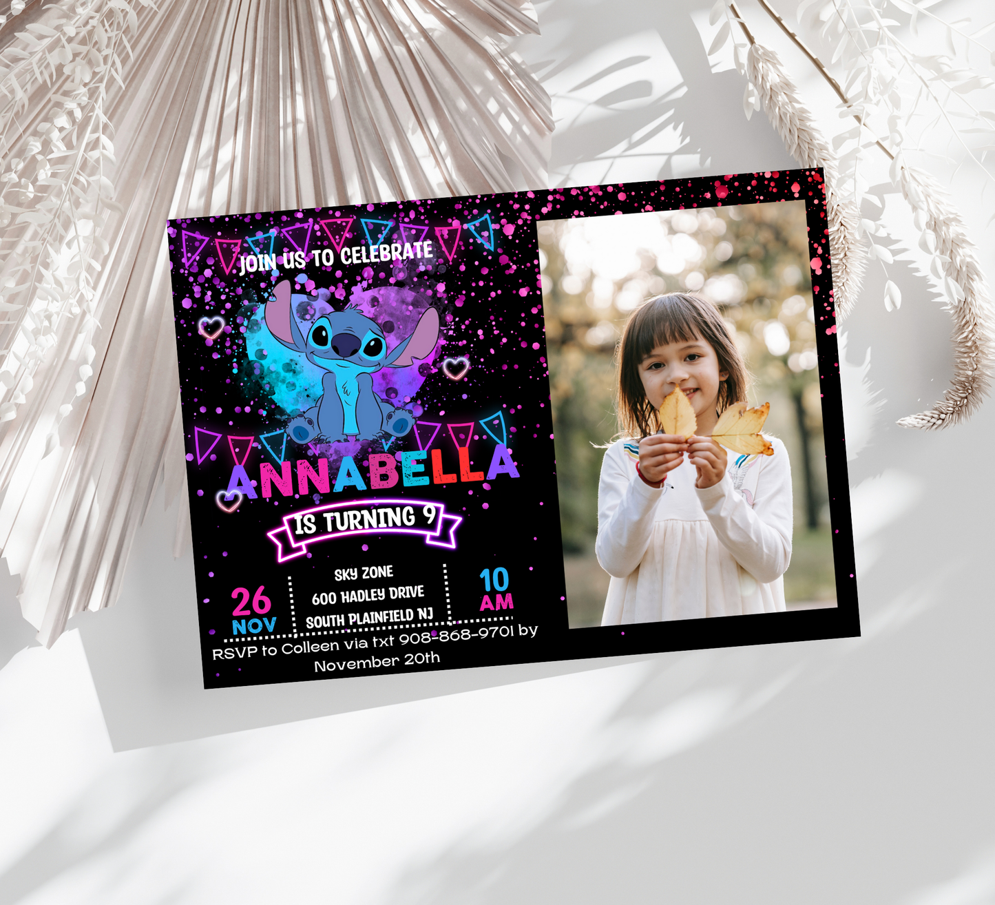 Stitch Neon Birthday Invitation with Photos | Glow Party Invite | Editable Canva Template