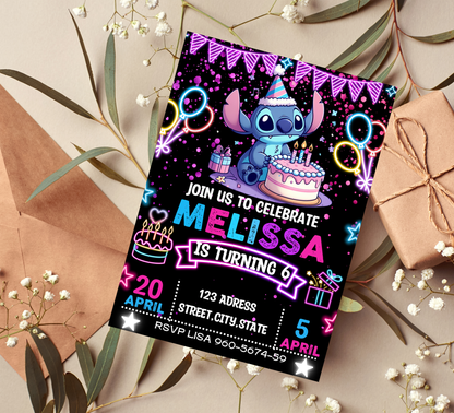 Stitch Neon Glow Birthday Invite | Kids Retro Glow Party Canva Template ⚡️🎨