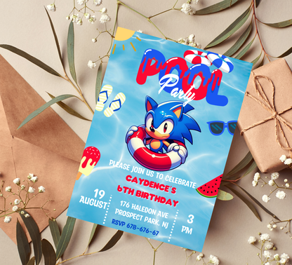 Sonic Hedgehog Pool Birthday Invitation | Summer Swim Party | Editable Canva Template