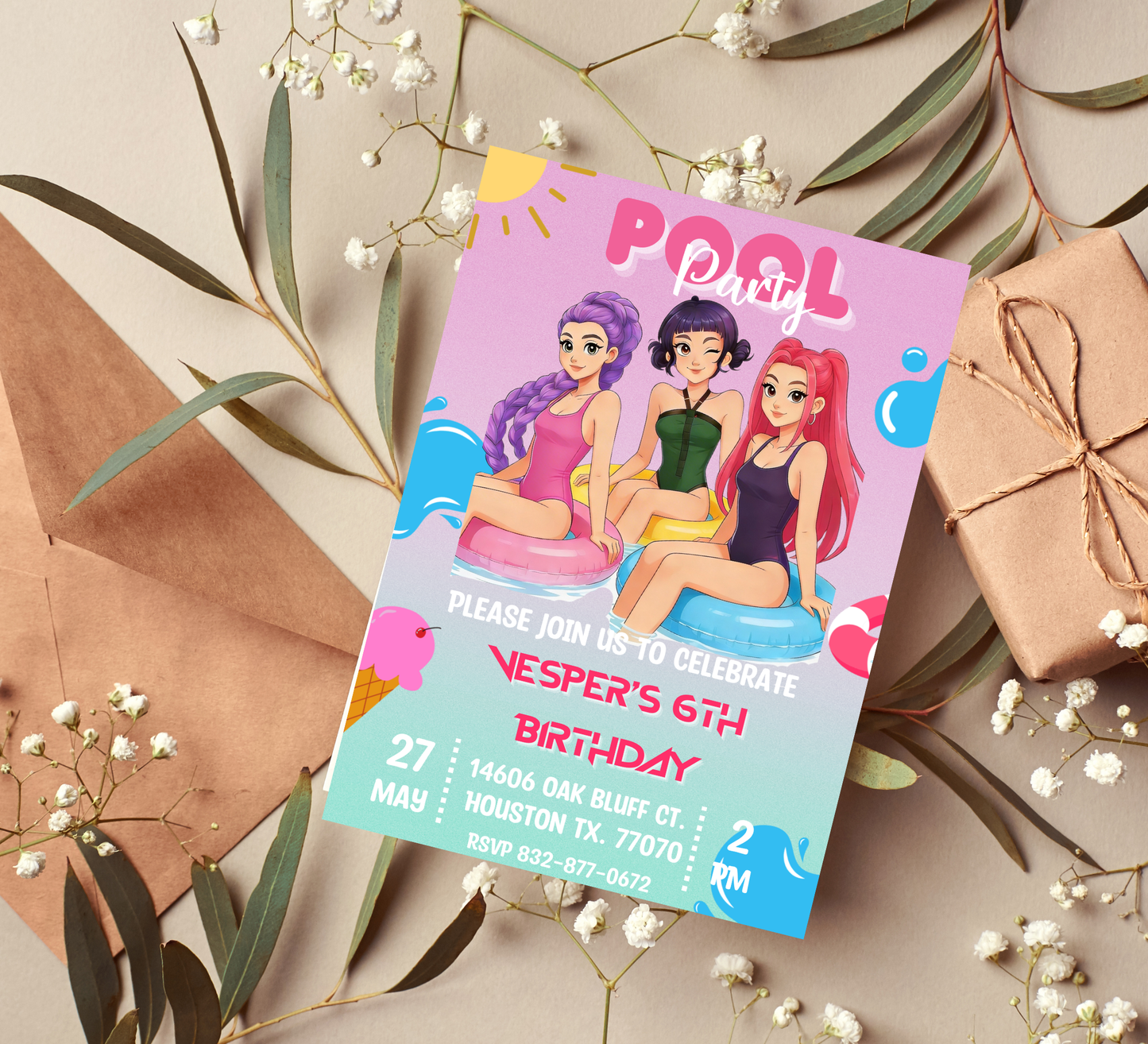 K-Pop Demon Hunters Birthday Invitation | Rumi Mira Zoey Pool Party | Editable Canva Template | Anime Idol Summer Splash Invite | Modern K-Pop Aesthetic