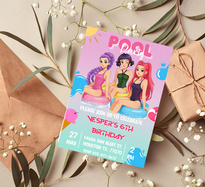 K-Pop Demon Hunters Birthday Invitation | Rumi Mira Zoey Pool Party | Editable Canva Template | Anime Idol Summer Splash Invite | Modern K-Pop Aesthetic