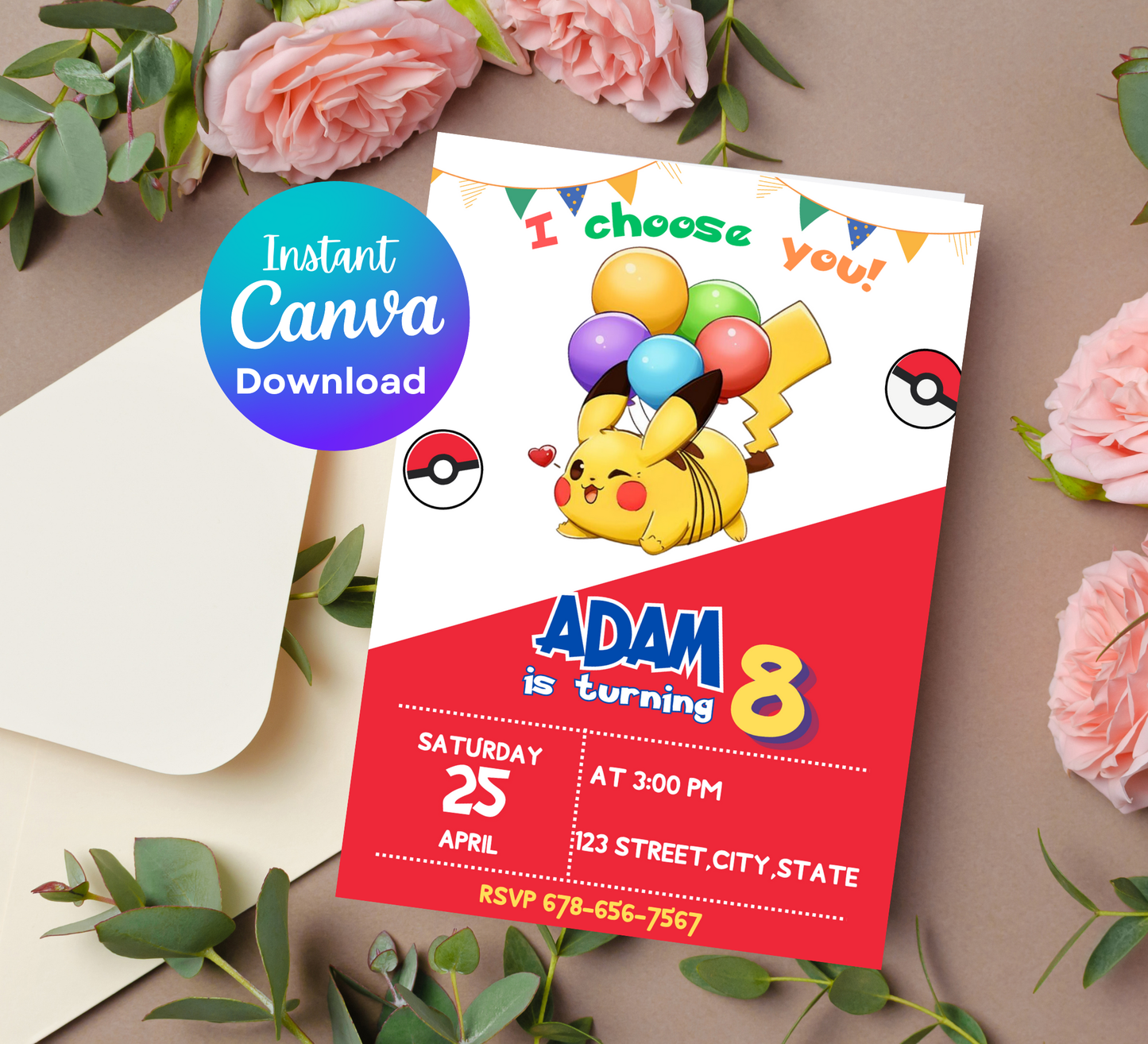 Pikachu Red Pokémon Birthday Invitation | Bold Party Invite | Editable Digital Template