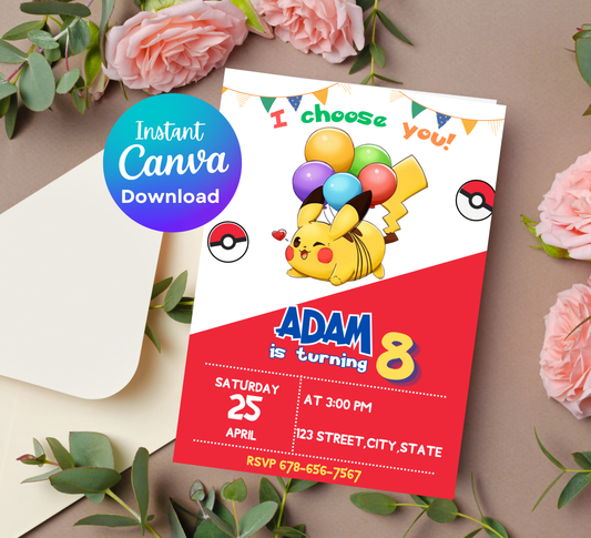 Pikachu Red Pokémon Birthday Invitation | Bold Party Invite | Editable Digital Template