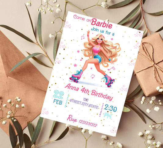Barbie Roller Skating Birthday Invitation | Pink Skate Party Invite | Editable Canva Template | Glam Neon Roller Rink Birthday Invitation
