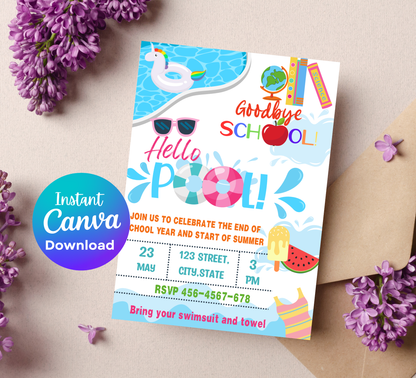 Goodbye Kindergarten Hello Summer Pool Party Invitation | Editable Canva Template