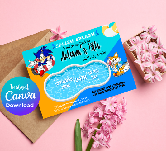 Sonic Pool Birthday Invitation | Summer Splash Party Invite | Editable Digital Template