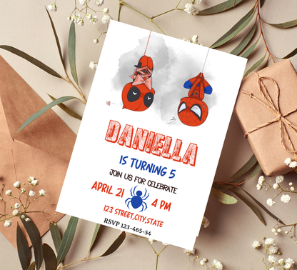Spiderman & Deadpool Birthday Invitation | Superhero Comic Party | Editable Canva Template