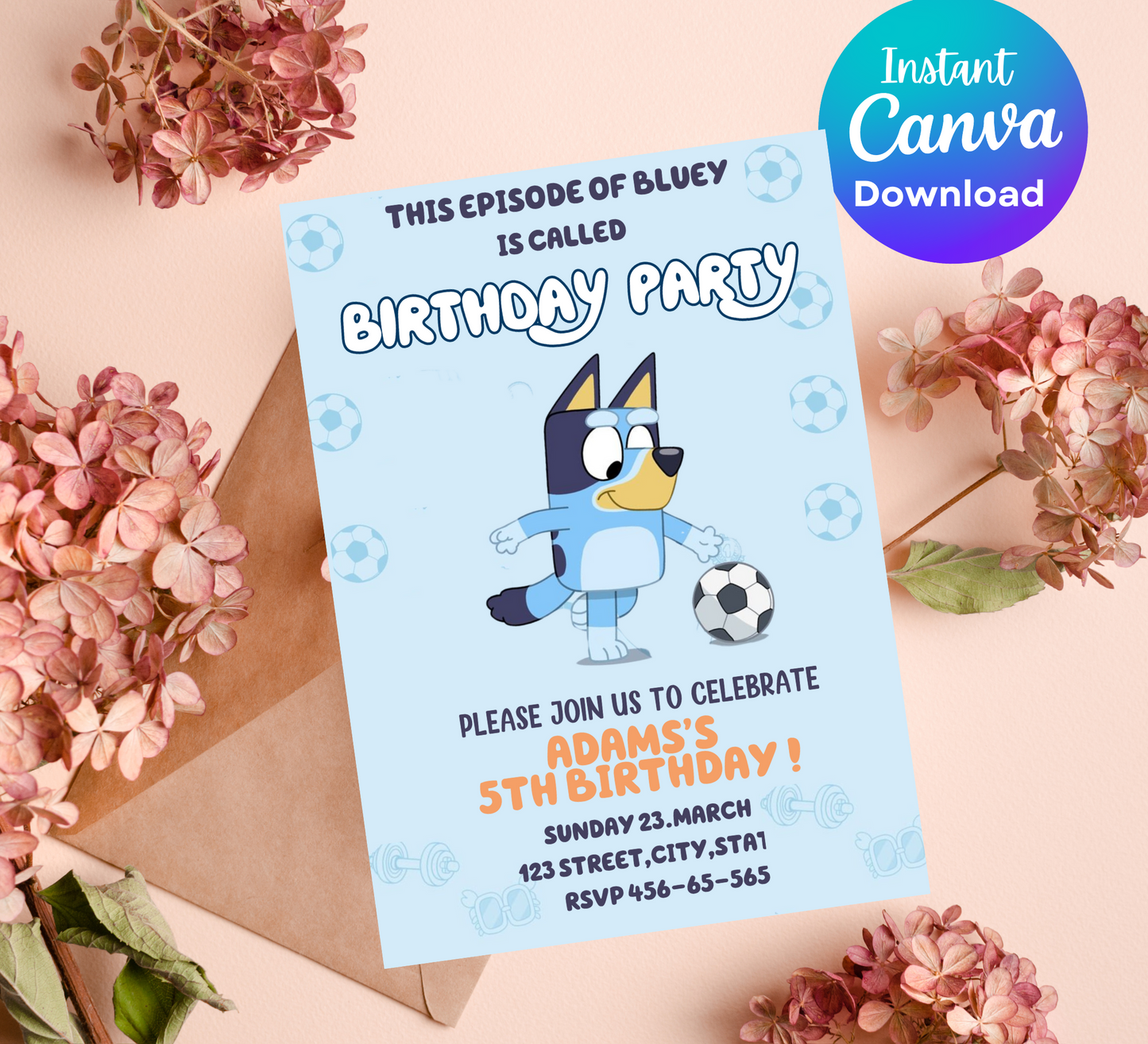 Bluey Football Birthday Invitation | Editable Canva Template | Boys Soccer Party Invite | Printable Kids Birthday Invitation