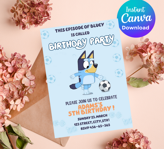 Bluey Football Birthday Invitation | Editable Canva Template | Boys Soccer Party Invite | Printable Kids Birthday Invitation