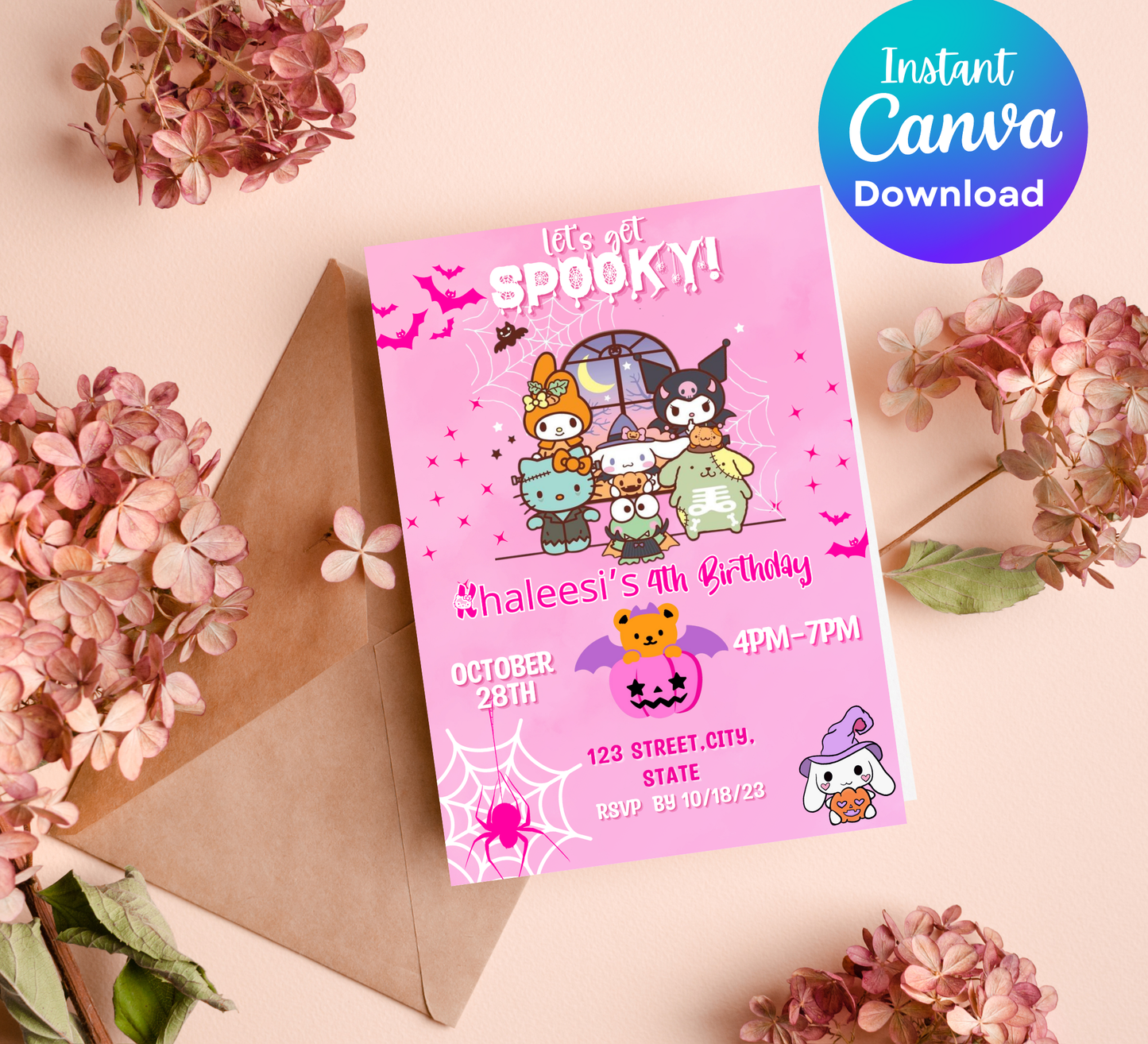 Hello Kitty My Melody Kuromi Pink Halloween Invitation | Kawaii Spooky Birthday Invite | Editable Canva Template | Pastel Goth Party