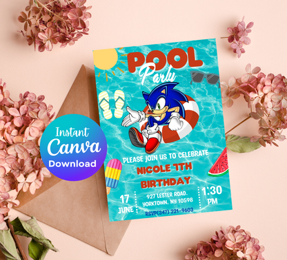Sonic the Hedgehog & Shadow Pool Birthday Invitation | Summer Swim Party | Editable Canva Template