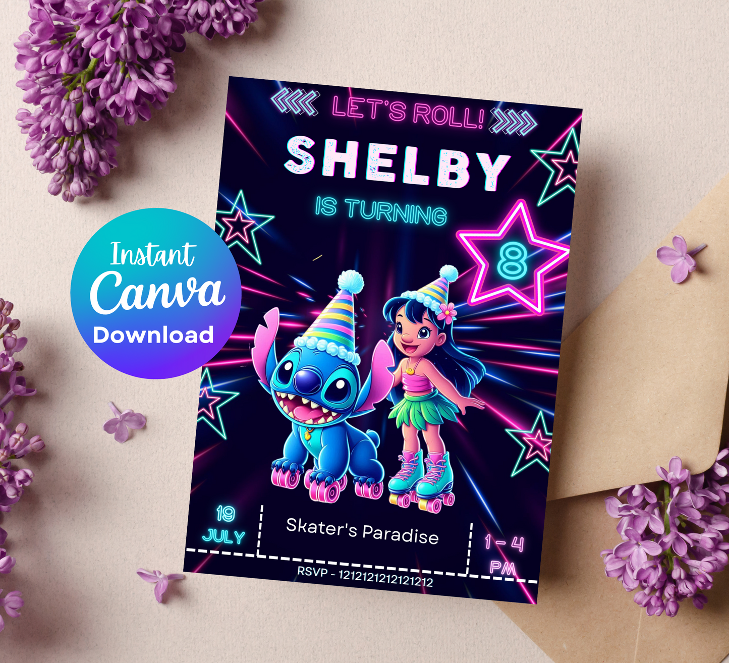 Stitch & Lilo Neon Roller Skating Birthday Invitation | Editable Canva Template | Kawaii Glow Party Invite | Printable Kids Birthday Invitation